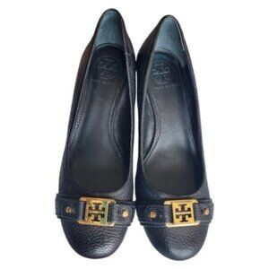 Tory Burch Natalya Pebbled Leather Black Pump Wedges